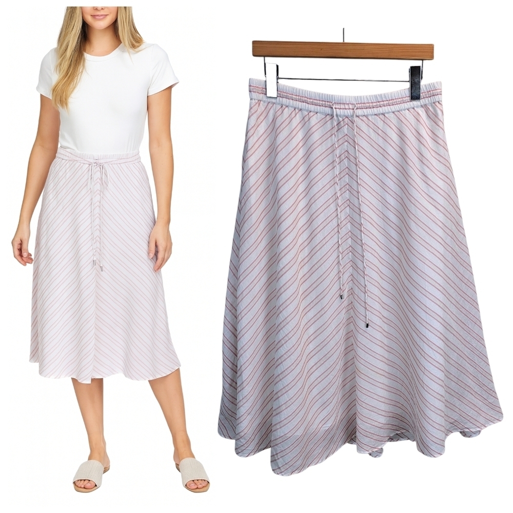 Lauren Ralph Lauren Cotton Pink Stripe Midi Skirt Coastal Preppy Size 6 Feminine